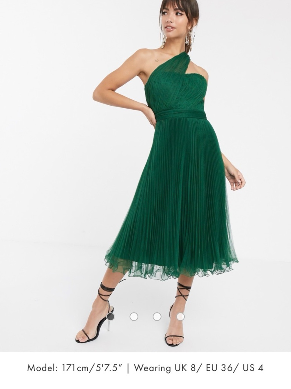 ASOS Emerald One-Shoulder Pleated Midi Dress Tulled Wired Hem Prom